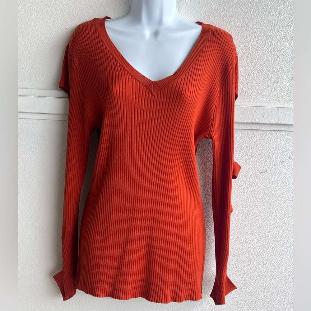 Ashley Stewart Burnt Orange Open Arm Long Sleeve Stretchy Ribbed knit Top 14/16